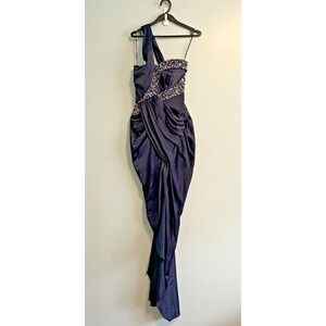 Mandalay 8 Dress One‎ Shoulder Gown Rhinestones Ruching Hi Lo Navy Blue NWT